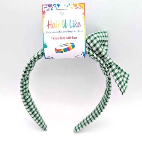 School Uniform Gingham Green Alice Band with Side Bow