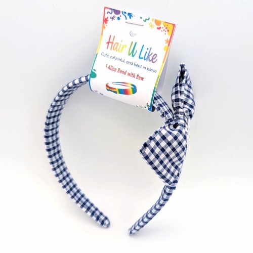 School Uniform Gingham Blue Alice Band with Side Bow