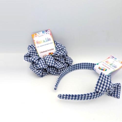 School Uniform Gingham Blue Alice Band and Scrunchie Set