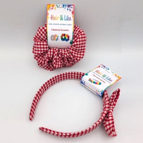 School Uniform Gingham Red Alice Band and Scrunchie Set