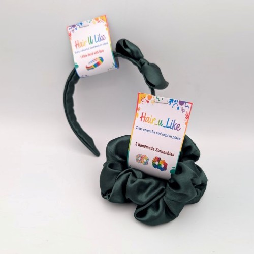 School Uniform Green Satin Alice Band and Scrunchie Set